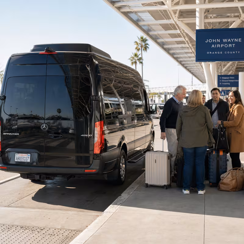 Group boarding a white charter bus for Airport Transportation transportation in Huntington Beach