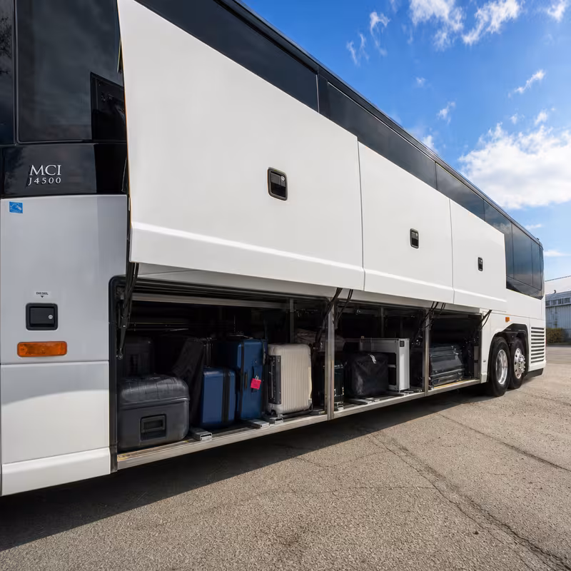 Party bus interior with wraparound leather seating and LED lighting in Huntington Beach
