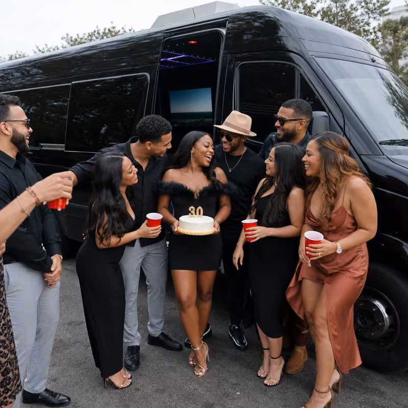 Group boarding a white charter bus for Birthday Transportation transportation in Huntington Beach