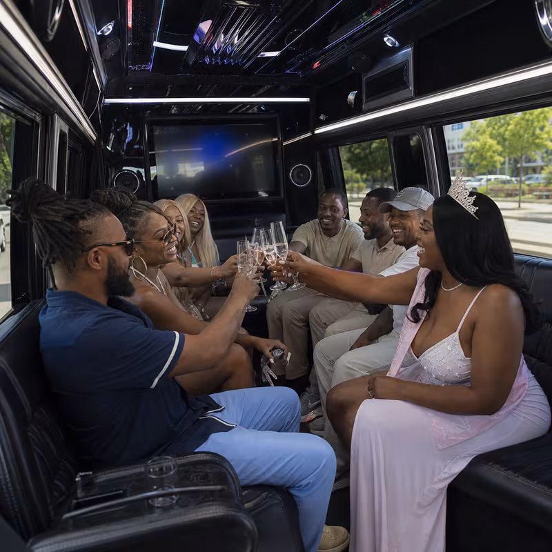 Black Mercedes Sprinter van staged for an Huntington Beach Birthday Transportation group