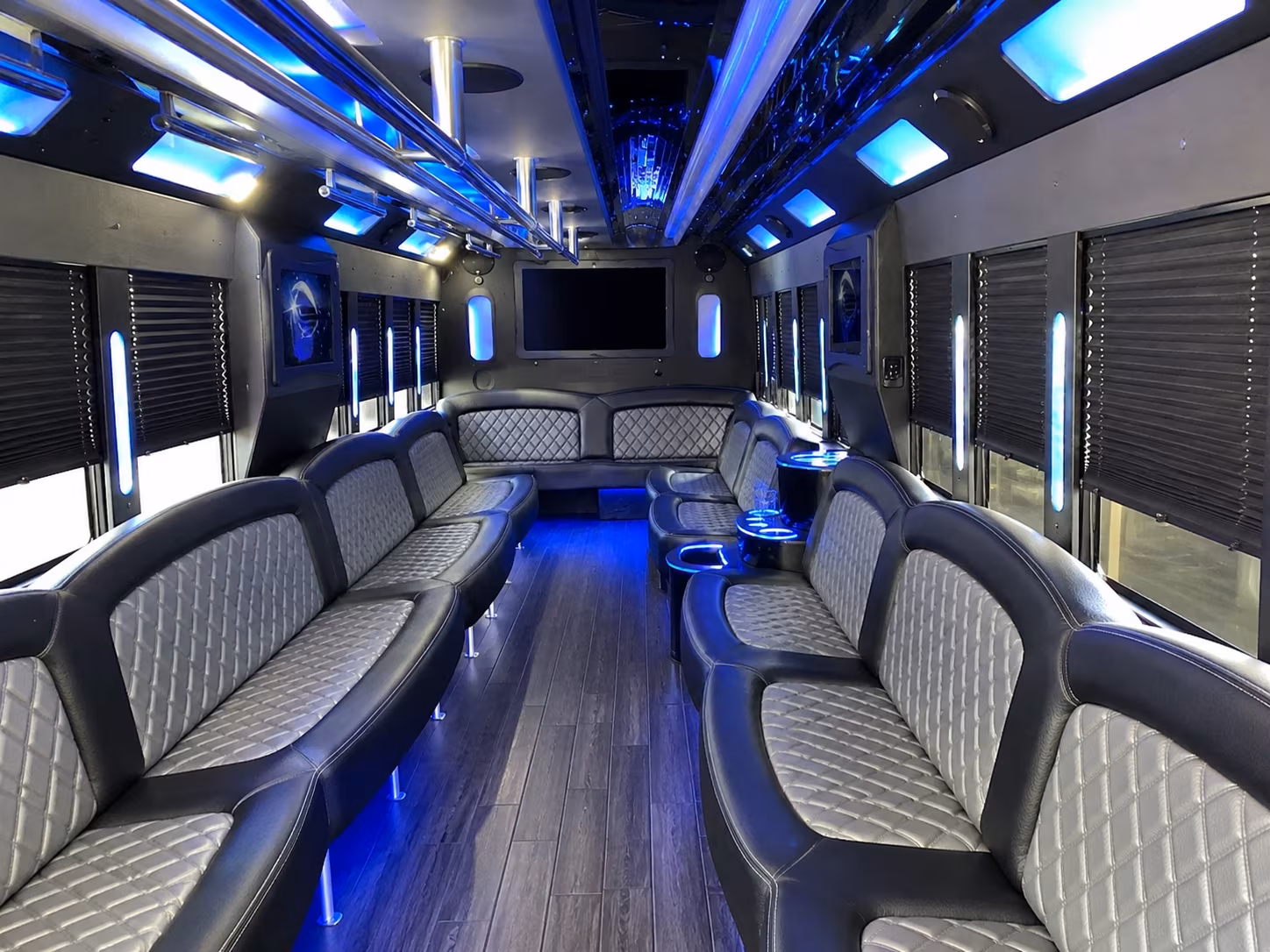 Interior of a party bus rental serving Huntington Beach