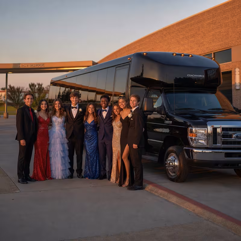 Group boarding a white charter bus for Prom & Homecoming Transportation transportation in Huntington Beach