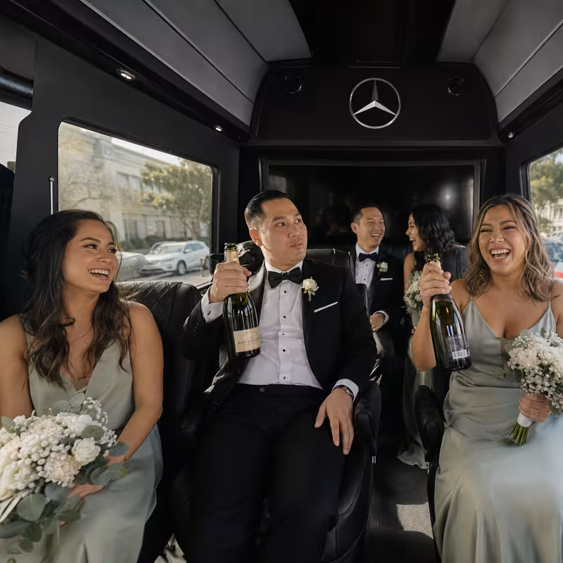 Black Mercedes Sprinter van staged for an Huntington Beach Wedding Transportation group