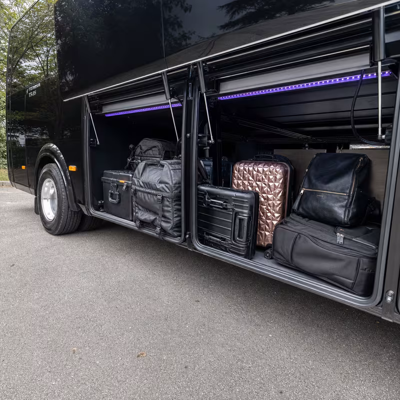 Party bus interior with wraparound leather seating and LED lighting in Huntington Beach